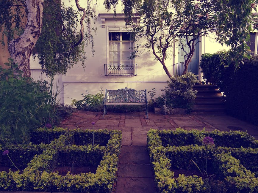 A small, well-maintained garden featuring a paved patio area with a decorative metal bench positioned against a white building wall. The garden is bordered by neatly trimmed boxwood hedges, with a narrow stone pathway leading to the bench. Surrounding the paved area are lush, green plants and shrubs, including a tall tree with a gnarled branch extending over the patio and a leafy shrub in the upper right corner. To the right, wooden steps with a black iron railing ascend to a higher level of the garden. The backdrop includes a white-washed building with a window framed by a small wrought-iron balcony. The scene is captured in soft, natural light, highlighting the textures of wet soil, trimmed grass, and the variety of foliage, creating a tranquil outdoor space suitable for garden maintenance and landscaping work, as offered by Gardeners Mayfair.